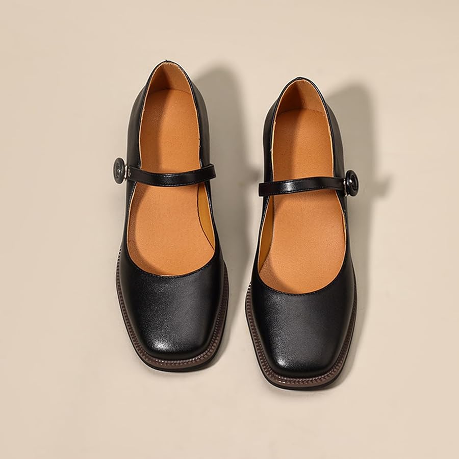 靴 SQUARE MARYJANE 3CM Amazon.com | Women's Leather Square Toe Mary Jane Flats Adjustable